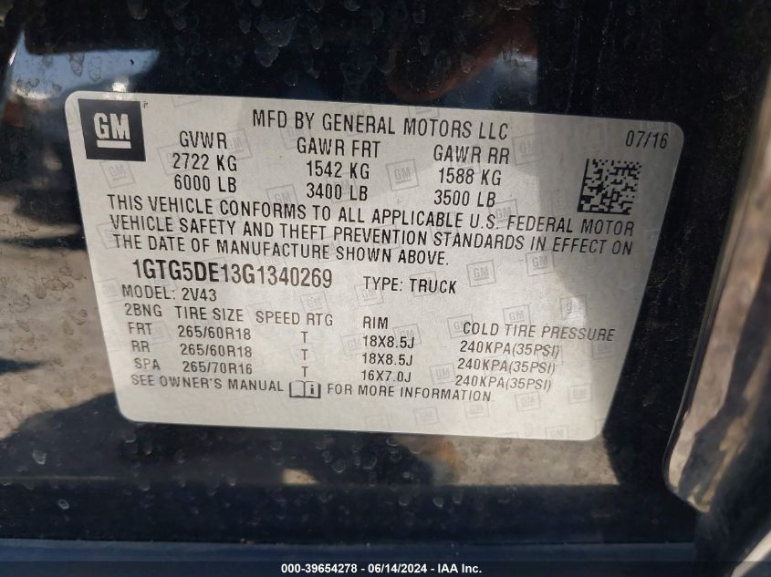 2016 GMC Canyon Slt VIN: 1GTG5DE13G1340269 Lot: 39654278