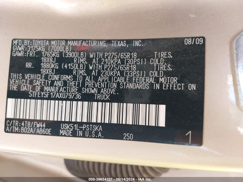 2010 Toyota Tundra Grade 5.7L V8 VIN: 5TFEY5F17AX079736 Lot: 39654327