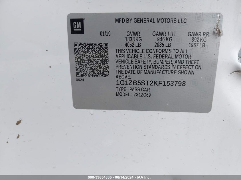 2019 Chevrolet Malibu 1Ls VIN: 1G1ZB5ST2KF153798 Lot: 39654335