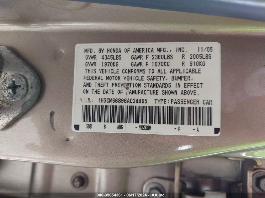 2006 Honda Accord 3.0 Ex VIN: 1HGCM66896A024495 Lot: 39654361