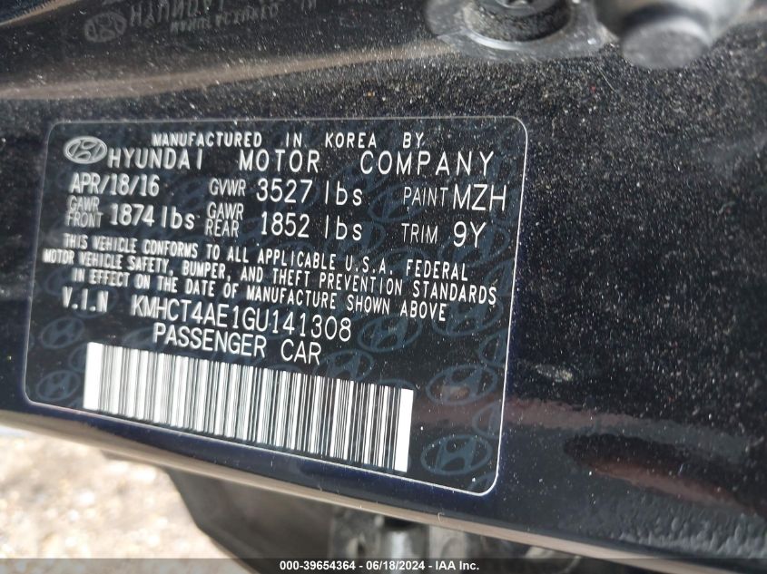 2016 Hyundai Accent Se VIN: KMHCT4AE1GU141308 Lot: 39654364