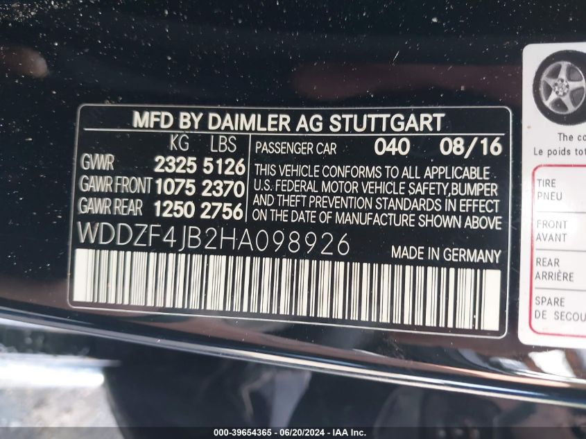 2017 Mercedes-Benz E 300 VIN: WDDZF4JB2HA098926 Lot: 39654365