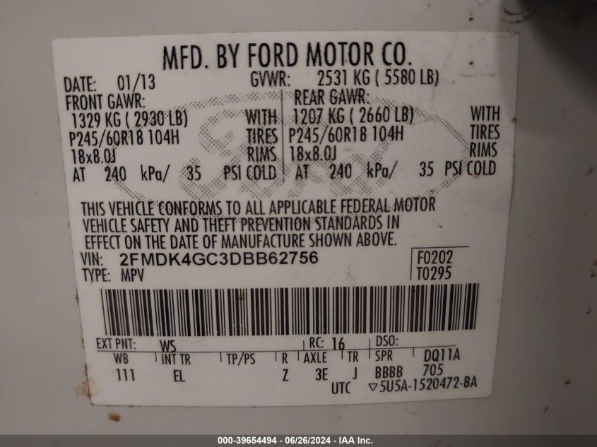 2013 Ford Edge Se VIN: 2FMDK4GC3DBB62756 Lot: 39654494