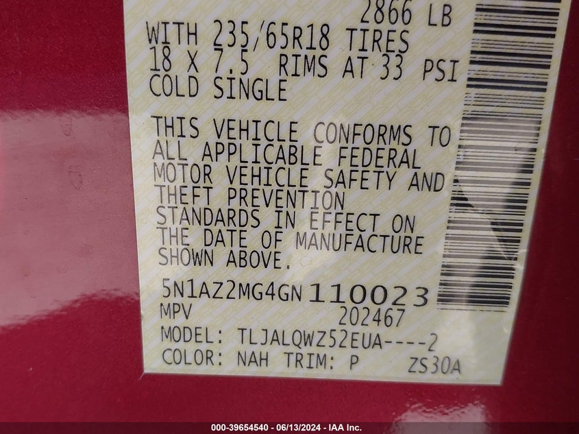 2016 Nissan Murano Sv VIN: 5N1AZ2MG4GN110023 Lot: 39654540