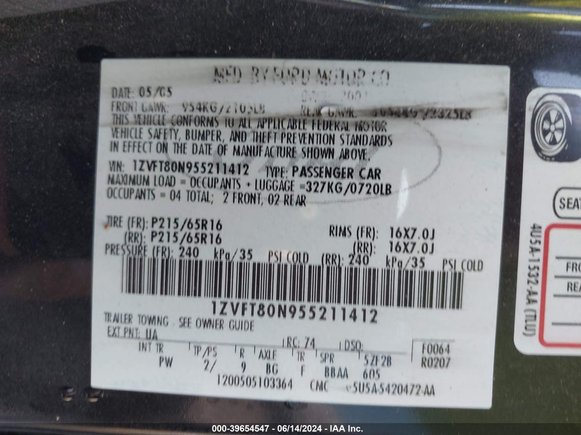 2005 Ford Mustang V6 Deluxe/V6 Premium VIN: 1VVFT80N955211412 Lot: 39654547