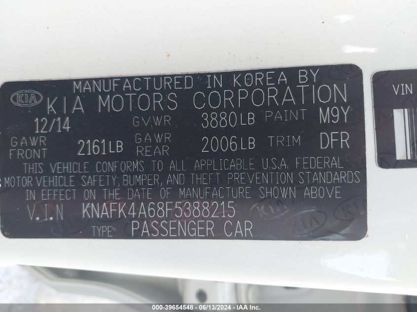 2015 Kia Forte Lx VIN: KNAFK4A68F5388215 Lot: 39654548