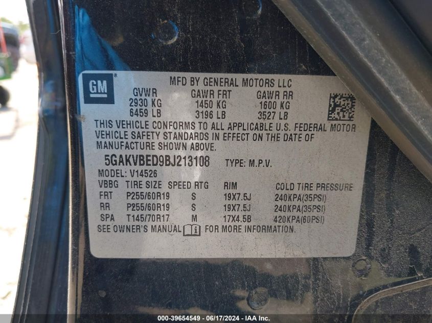 2011 Buick Enclave 1Xl VIN: 5GAKVBED9BJ213108 Lot: 39654549