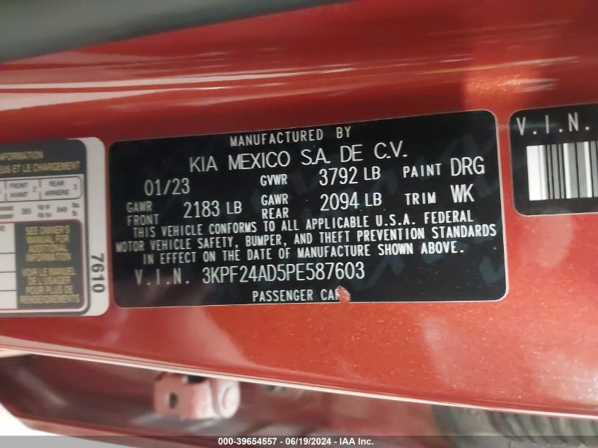 2023 Kia Forte Lxs VIN: 3KPF24AD5PE587603 Lot: 39654557