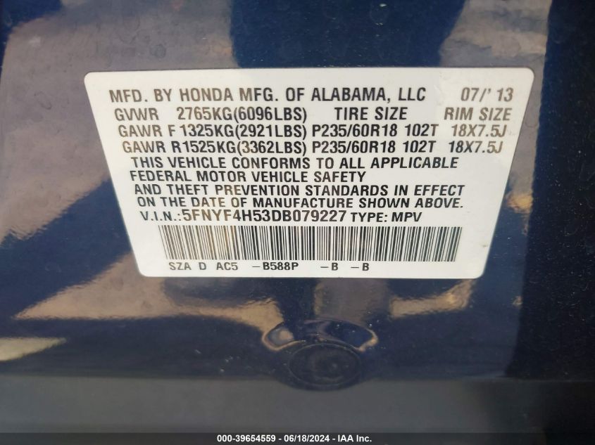 2013 Honda Pilot Ex-L VIN: 5FNYF4H53DB079227 Lot: 39654559