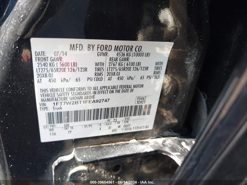 2015 Ford F-250 Lariat VIN: 1FT7W2BT1FEA92747 Lot: 39654561
