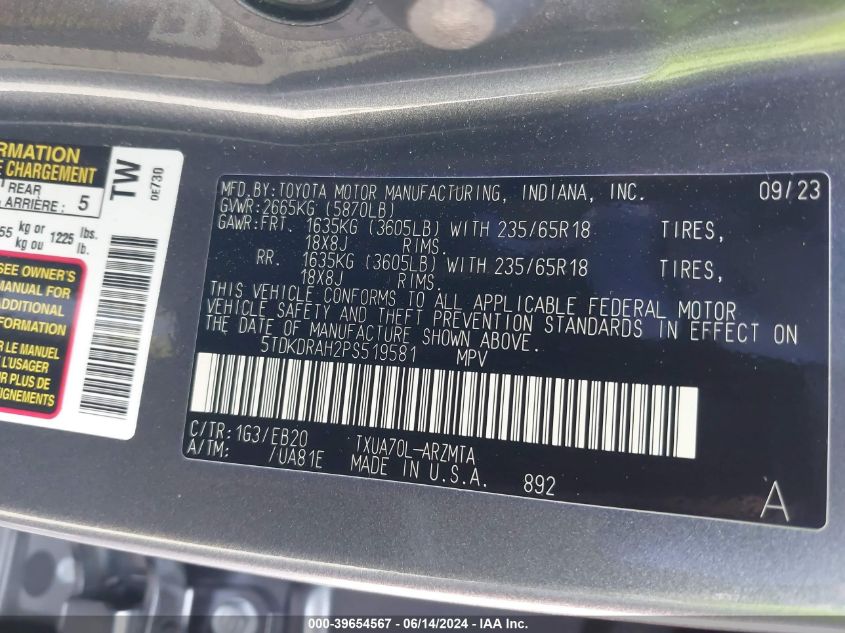 2023 Toyota Highlander Xle VIN: 5TDKDRAH2PS519581 Lot: 39654567