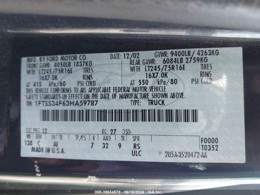 2003 Ford E-350 Super Duty Commercial/Recreational VIN: 1FTSS34F63HA59787 Lot: 39654578