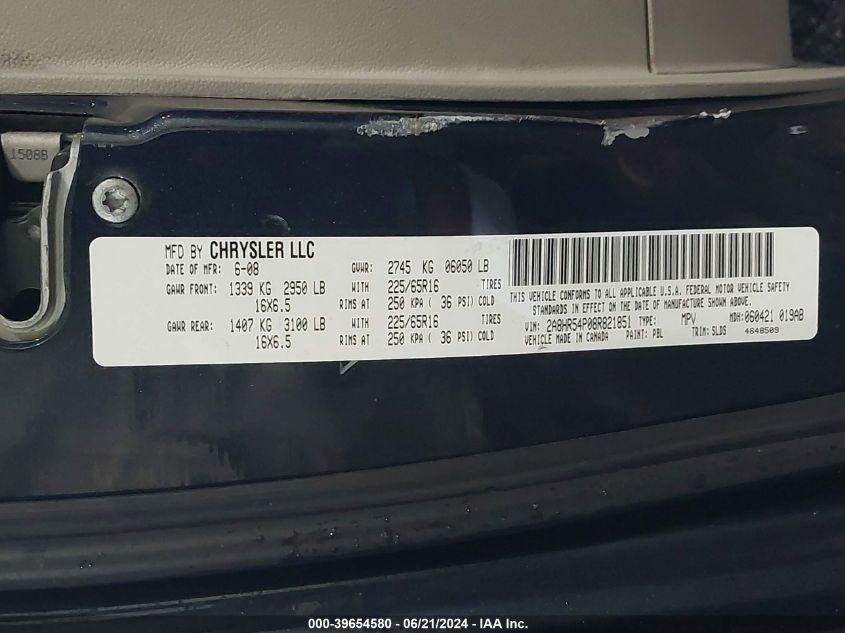 2008 Chrysler Town & Country Touring VIN: 2A8HR54P08R821851 Lot: 39654580