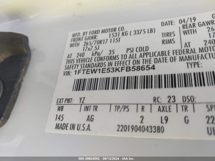 2019 Ford F-150 Xl VIN: 1FTEW1E53KFB58654 Lot: 39654592