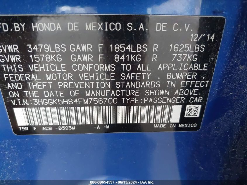 2015 Honda Fit Ex/Ex-L VIN: 3HGGK5H84FM756700 Lot: 39654597