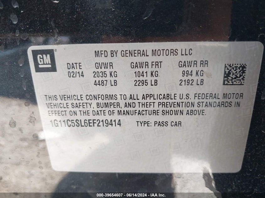 2014 Chevrolet Malibu 1Lt VIN: 1G11C5SL6EF219414 Lot: 39654607