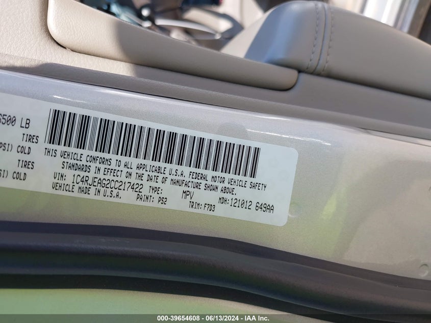 2012 Jeep Grand Cherokee Laredo VIN: 1C4RJEAG2CC217422 Lot: 39654608