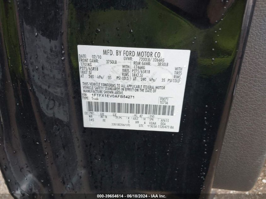 2010 Ford F-150 Fx4/Lariat/Xl/Xlt VIN: 1FTFX1EV0AFB54271 Lot: 39654614