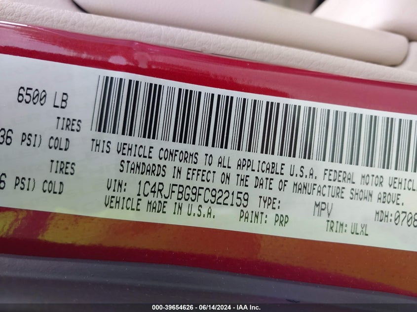 2015 Jeep Grand Cherokee Limited VIN: 1C4RJFBG9FC922159 Lot: 39654626