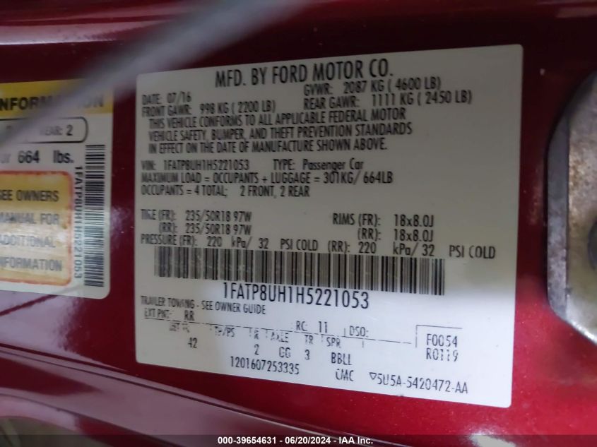 2017 Ford Mustang Ecoboost Premium VIN: 1FATP8UH1H5221053 Lot: 39654631