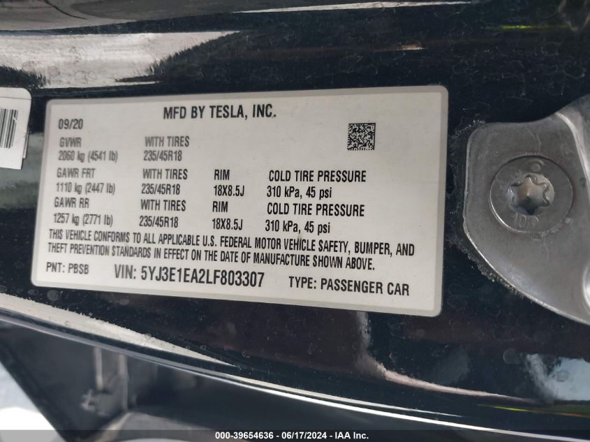 2020 Tesla Model 3 Standard Range Plus Rear-Wheel Drive/Standard Range Rear-Wheel Drive VIN: 5YJ3E1EA2LF803307 Lot: 39654636