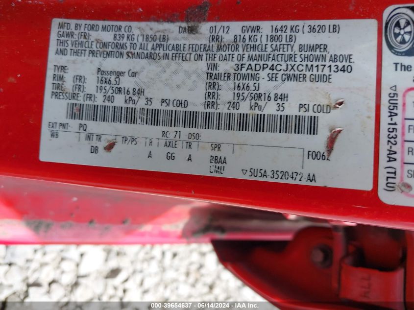 2012 Ford Fiesta Sel VIN: 3FADP4CJXCM171340 Lot: 39654637