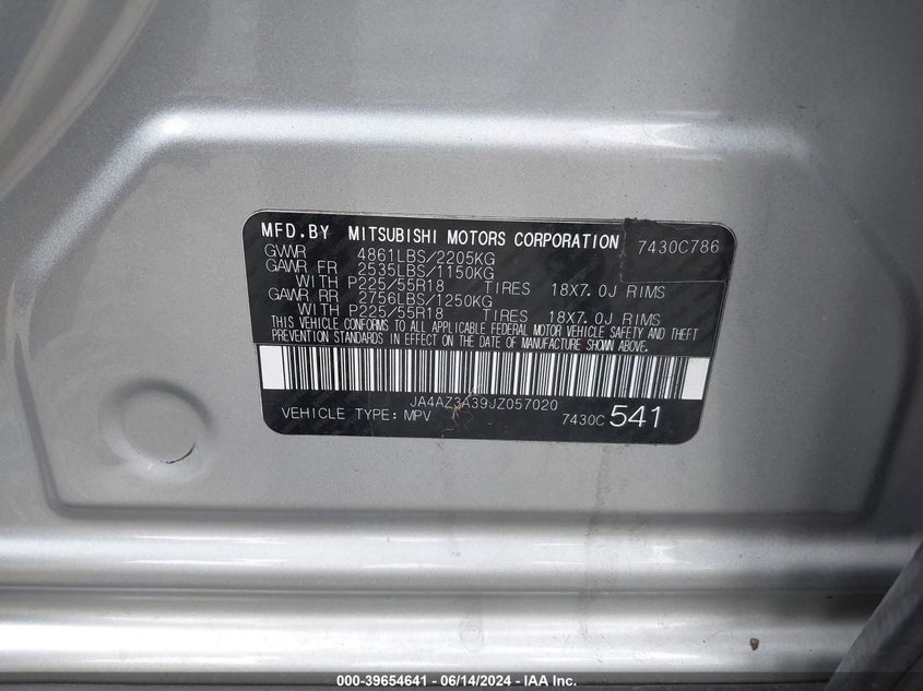 2018 Mitsubishi Outlander Es VIN: JA4AZ3A39JZ057020 Lot: 39654641