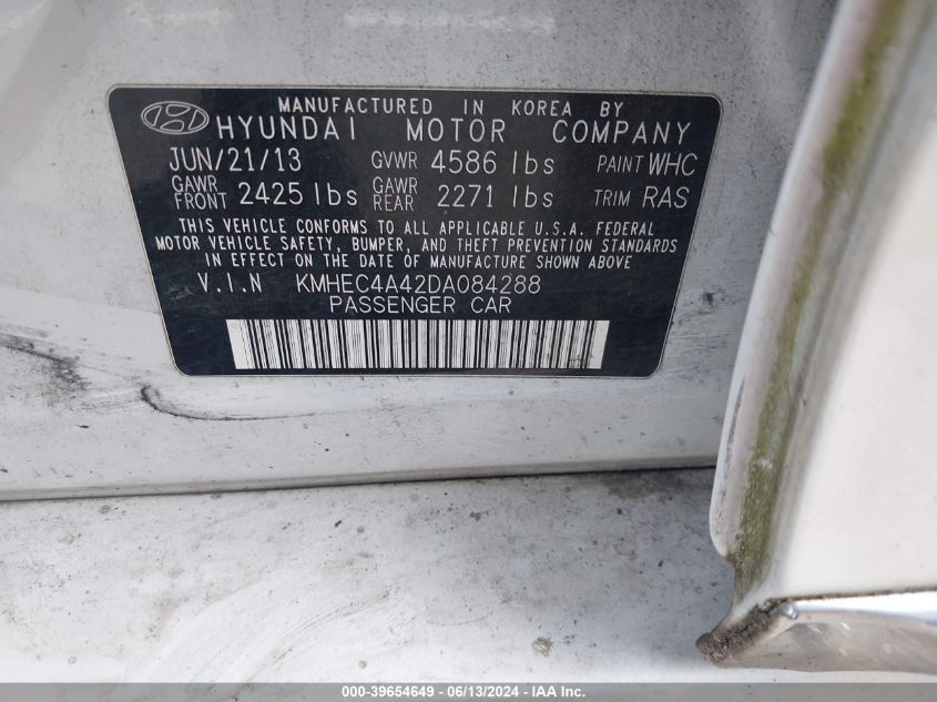 2013 Hyundai Sonata Hybrid VIN: KMHEC4A42DA084288 Lot: 39654649