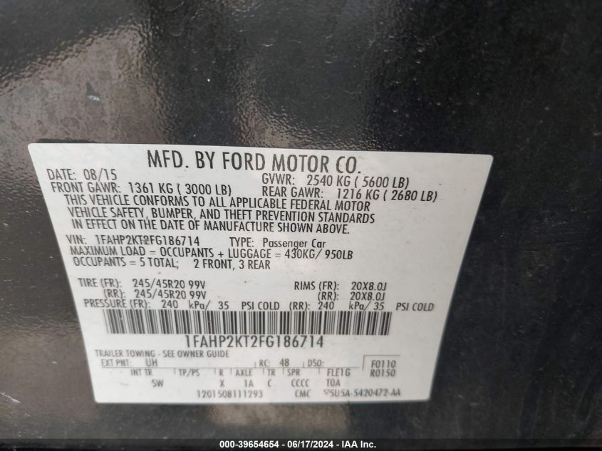 2015 Ford Taurus Sho VIN: 1FAHP2KT2FG186714 Lot: 39654654