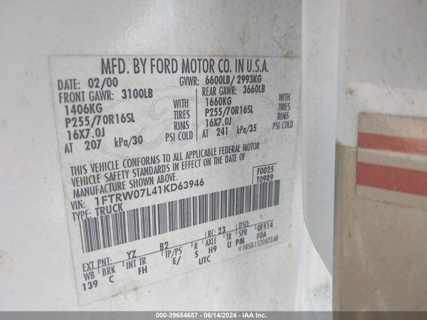 2001 Ford F-150 Harley-Davidson Edition/King Ranch Edition/Lariat/Xlt VIN: 1FTRW07L41KD63946 Lot: 39654657
