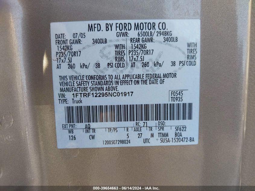 2005 Ford F-150 Stx/Xl/Xlt VIN: 1FTRF12295NC01917 Lot: 39654663