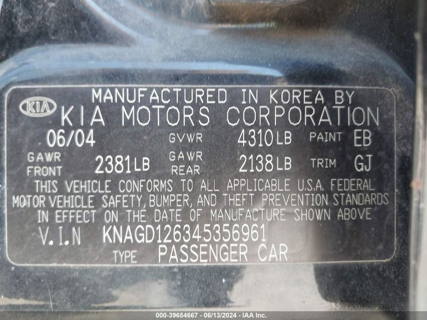 2004 Kia Optima Ex/Lx VIN: KNAGD126345356961 Lot: 39654667