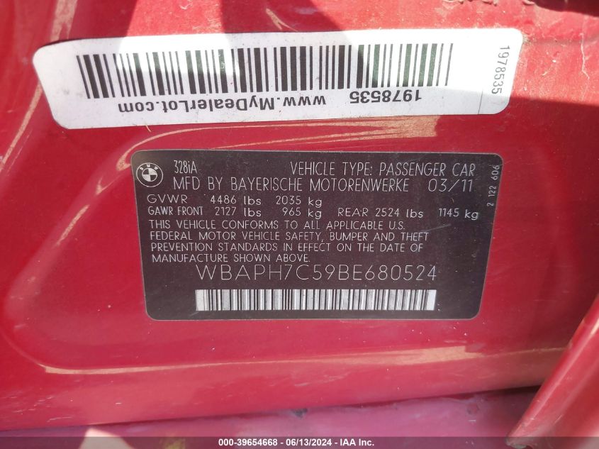 2011 BMW 328I VIN: WBAPH7C59BE680524 Lot: 39654668