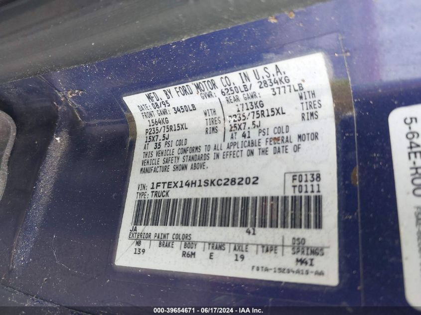 1995 Ford F150 VIN: 1FTEX14H1SKC28202 Lot: 39654671