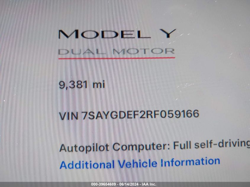 2024 Tesla Model Y Performance Dual Motor All-Wheel Drive VIN: 7SAYGDEF2RF059166 Lot: 39654689