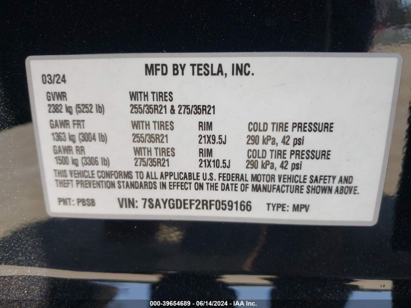 2024 Tesla Model Y Performance Dual Motor All-Wheel Drive VIN: 7SAYGDEF2RF059166 Lot: 39654689