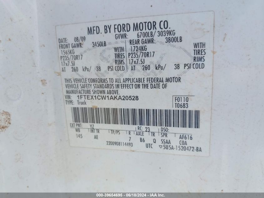 2010 Ford F-150 Stx/Xl VIN: 1FTEX1CW1AKA20528 Lot: 39654695