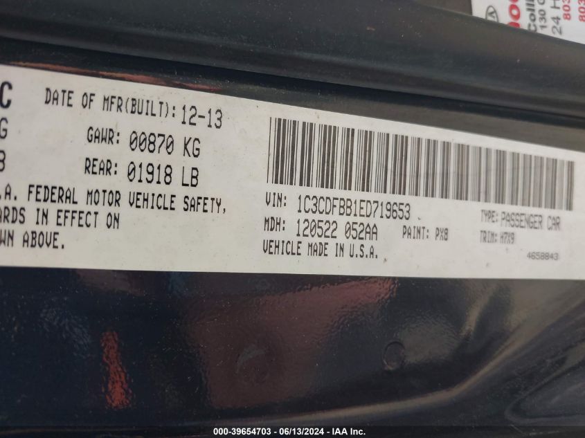 2014 Dodge Dart Sxt VIN: 1C3CDFBB1ED719653 Lot: 39654703