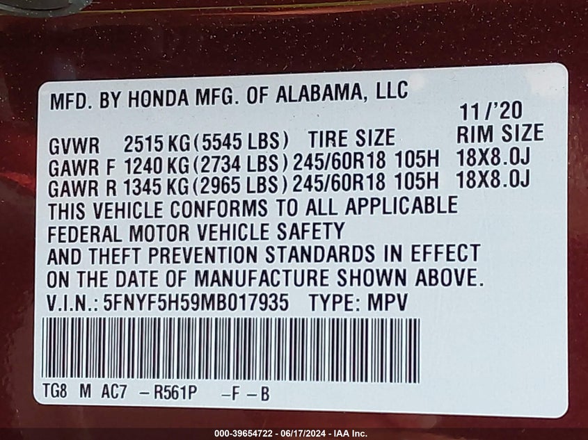 VIN 5FNYF5H59MB017935 2021 HONDA PILOT EXL