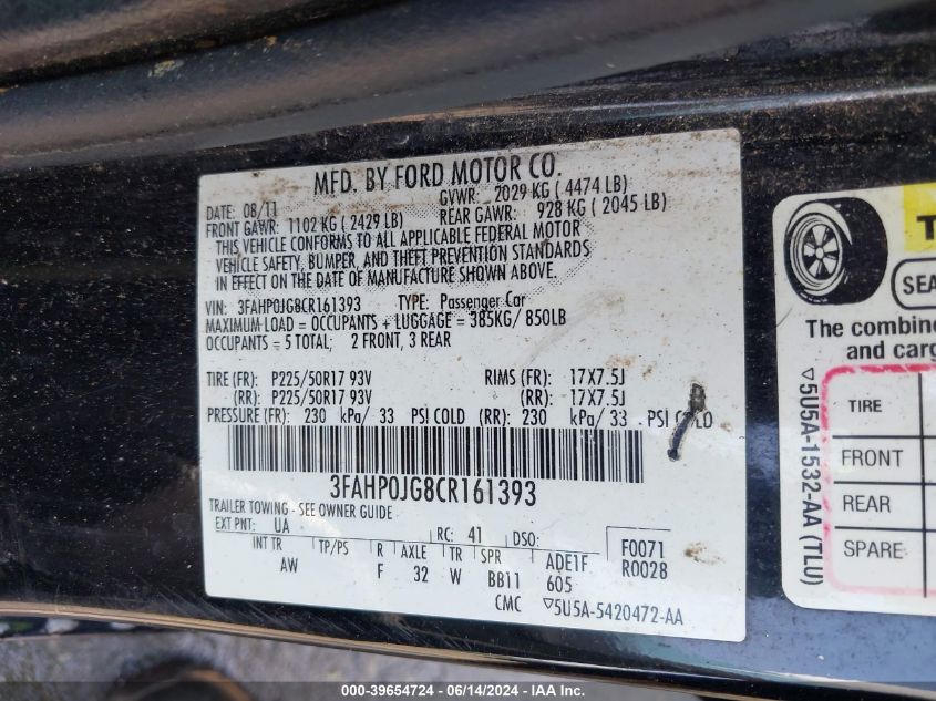 2012 Ford Fusion Sel VIN: 3FAHP0JG8CR161393 Lot: 39654724