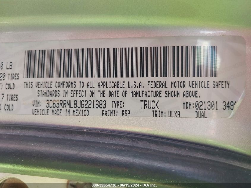 2018 Ram 3500 Limited Mega Cab 4X4 6'4 Box VIN: 3C63RRNL8JG221683 Lot: 39654738