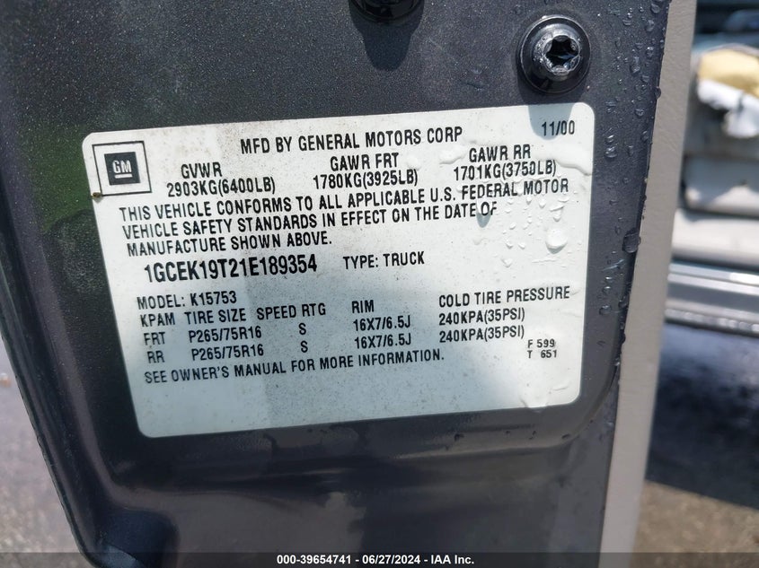 2001 Chevrolet Silverado 1500 Ls VIN: 1GCEK19T21E189354 Lot: 39654741