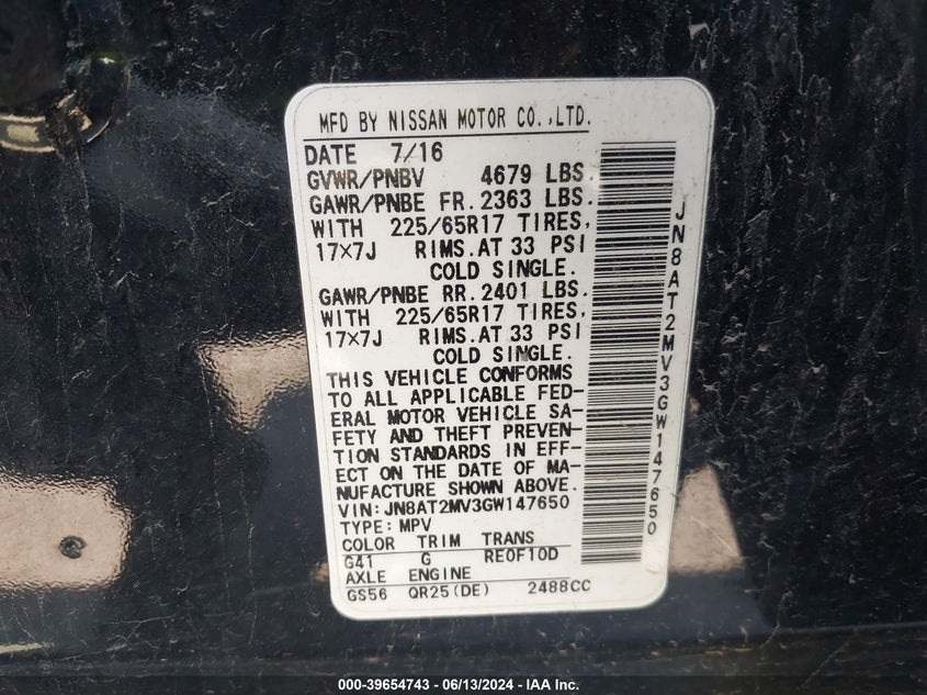 2016 Nissan Rogue Sv VIN: JN8AT2MV3GW147650 Lot: 39654743