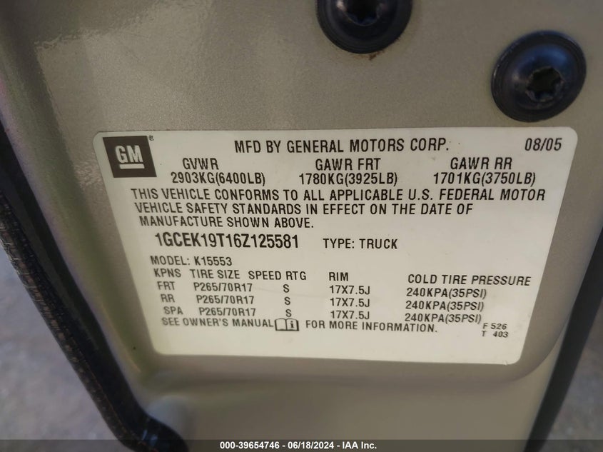 2006 Chevrolet Silverado 1500 Lt3 VIN: 1GCEK19T16Z125581 Lot: 39654746