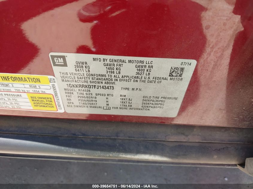 2015 GMC Acadia Slt-1 VIN: 1GKKRRKD7FJ143473 Lot: 39654751