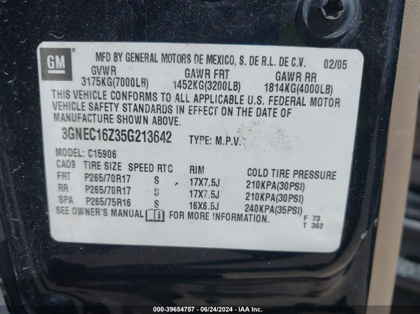 2005 Chevrolet Suburban 1500 Z71 VIN: 3GNEC16Z35G213642 Lot: 39654757