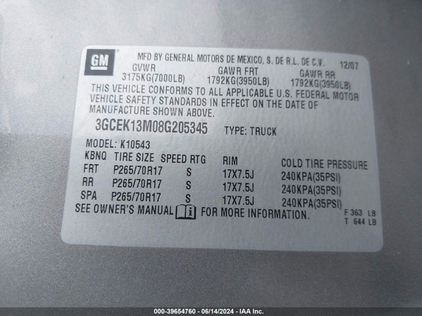 2008 Chevrolet Silverado 1500 Lt1 VIN: 3GCEK13M08G205345 Lot: 39654760