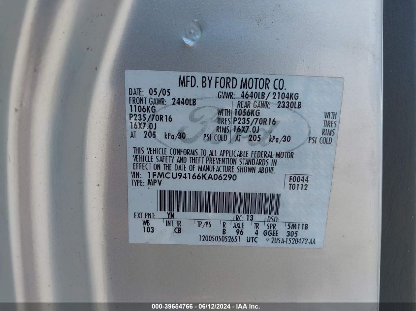 2006 Ford Escape Limited VIN: 1FMCU94166KA06290 Lot: 39654766