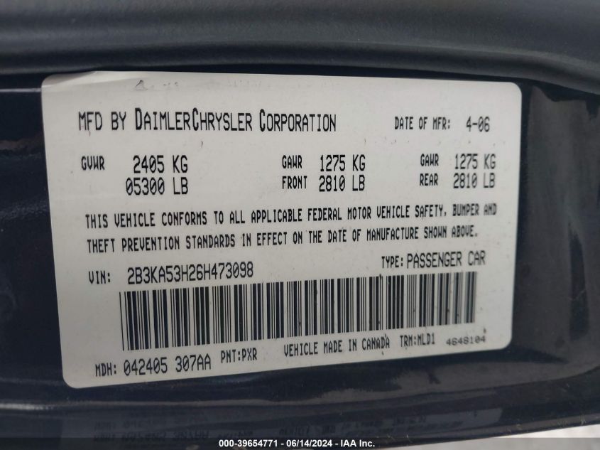2006 Dodge Charger Rt VIN: 2B3KA53H26H473098 Lot: 39654771