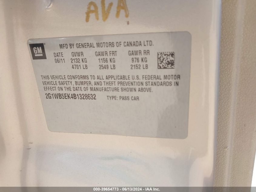 2011 Chevrolet Impala Lt VIN: 2G1WB5EK4B1328632 Lot: 39654773